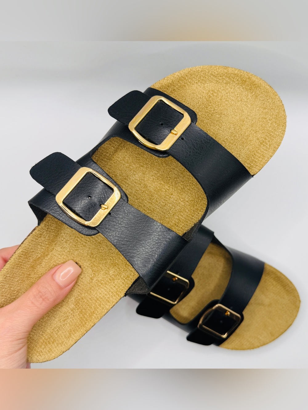 NWT Classic Double Buckle Black Cork Footbed Sandals - Size 5